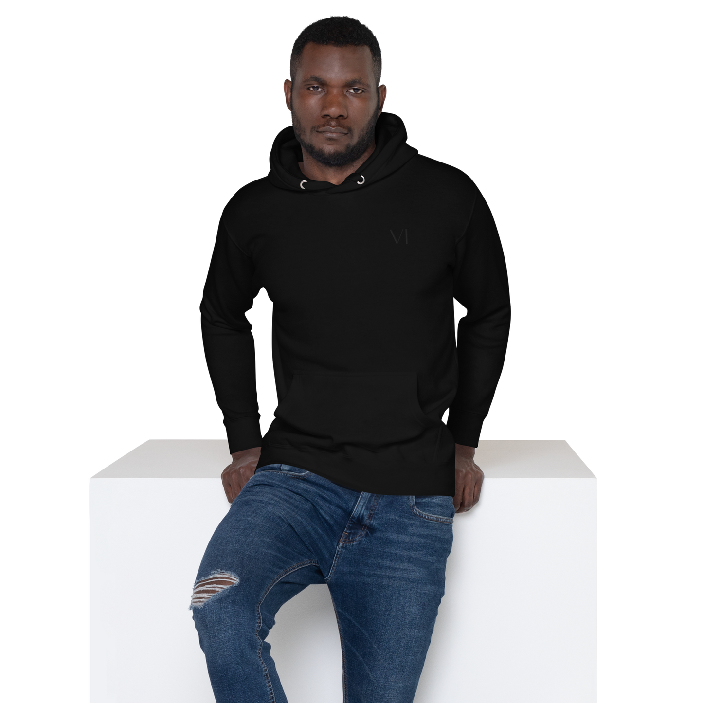 VI Embroidered Hoodie Black Text