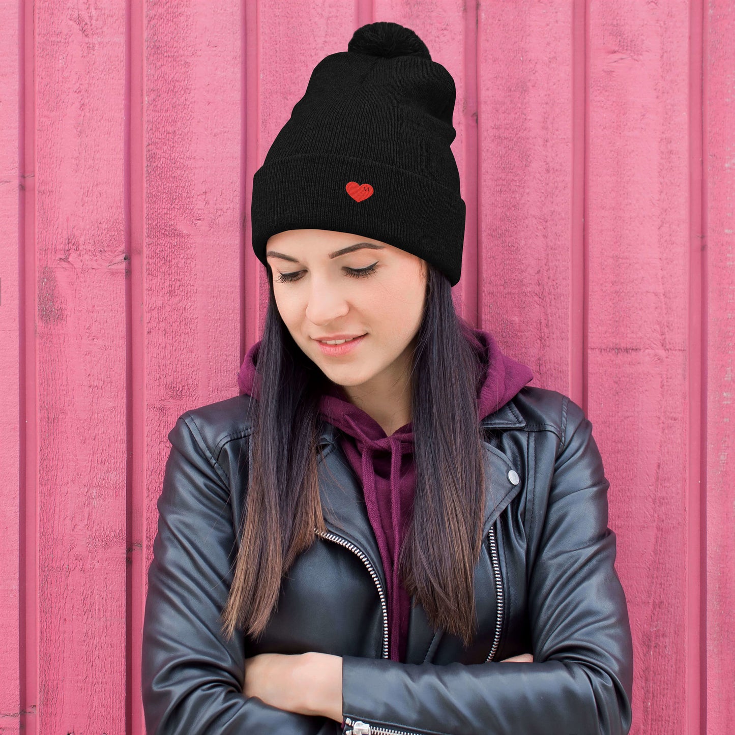 VI Heart Pom-Pom Beanie