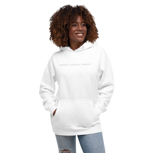 Strength Fortitude Resilience Embroidered White Hoodie