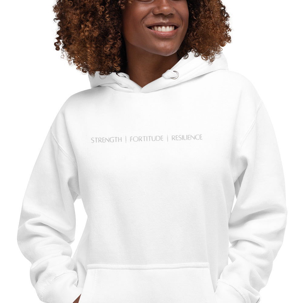 Strength Fortitude Resilience Embroidered White Hoodie